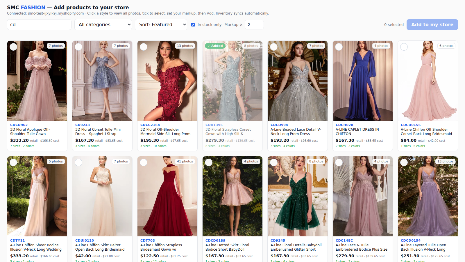 SMCFashion Dropship catalog showing gowns available to import